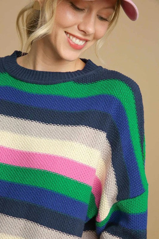 Rainbow Striped Crew Neck Drop Shoulder Sweater