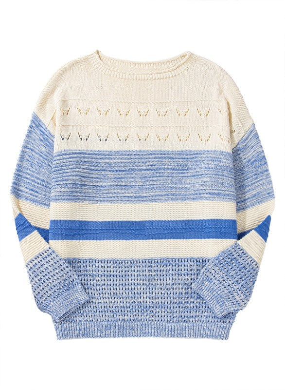 Light Blue Open Stitch Puff Sleeve Sweater
