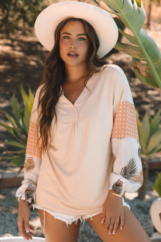 Women Puff Sleeve Patchwork V Neck Sweatshirts
