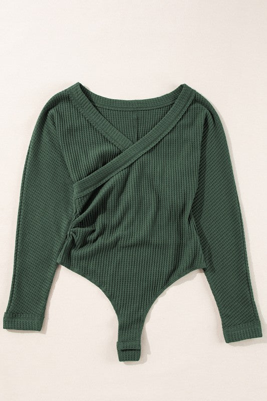 Green Waffle Knit Slim Fit Wrap V Neck Bodysuit