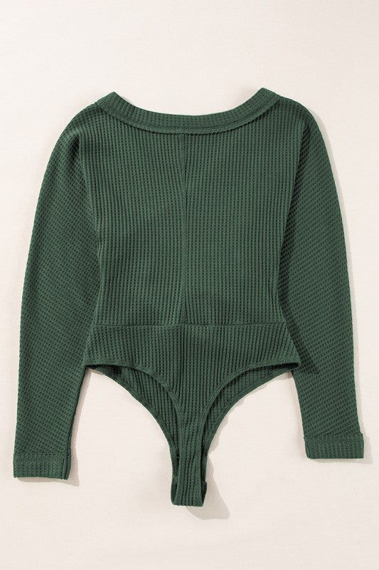 Green Waffle Knit Slim Fit Wrap V Neck Bodysuit