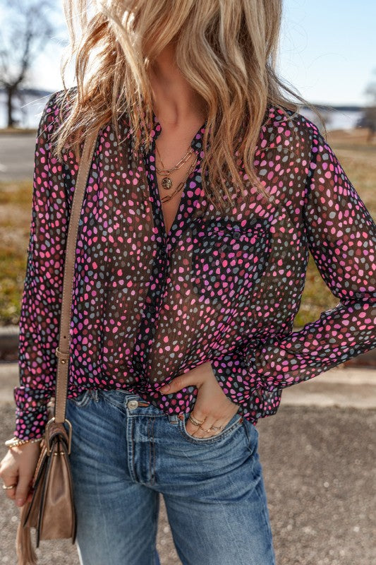 Wine Polka Dot Printed Buttoned Casual Blouses
