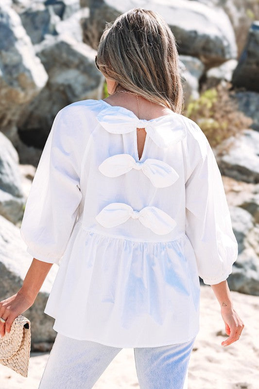 Bow Knot Cutout Back Loose Fit 3/4 Sleeve Blouse