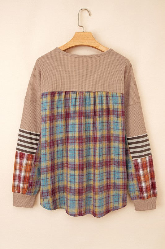 Cotton Waffle Stripe Plaid Patchwork Henley Top