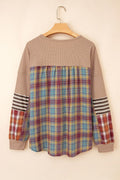Cotton Waffle Stripe Plaid Patchwork Henley Top