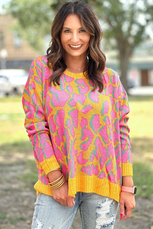 Abstract Print Ribbed Trim Baggy Sweater