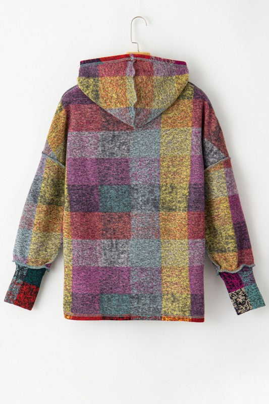Brushed Check  Pocket Thumbholes Henley Hoodie