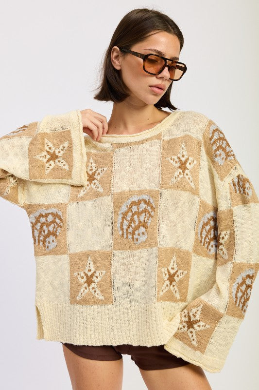 LOOSE FIT GRAPHIC LONG SLEEVE SWEATER