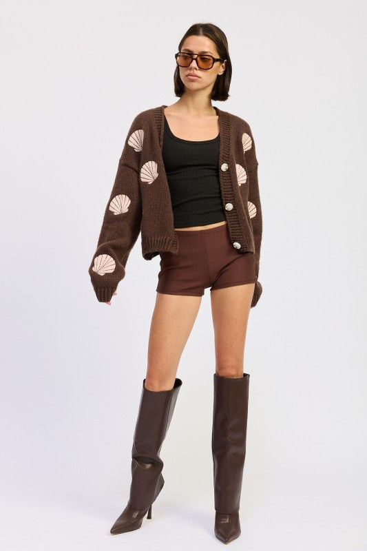 V NECK BUTTON FRONT APPLIQUE CARDIGAN