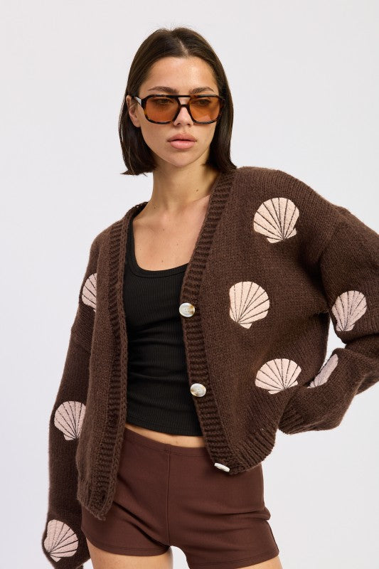V NECK BUTTON FRONT APPLIQUE CARDIGAN