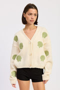 V NECK BUTTON FRONT APPLIQUE CARDIGAN