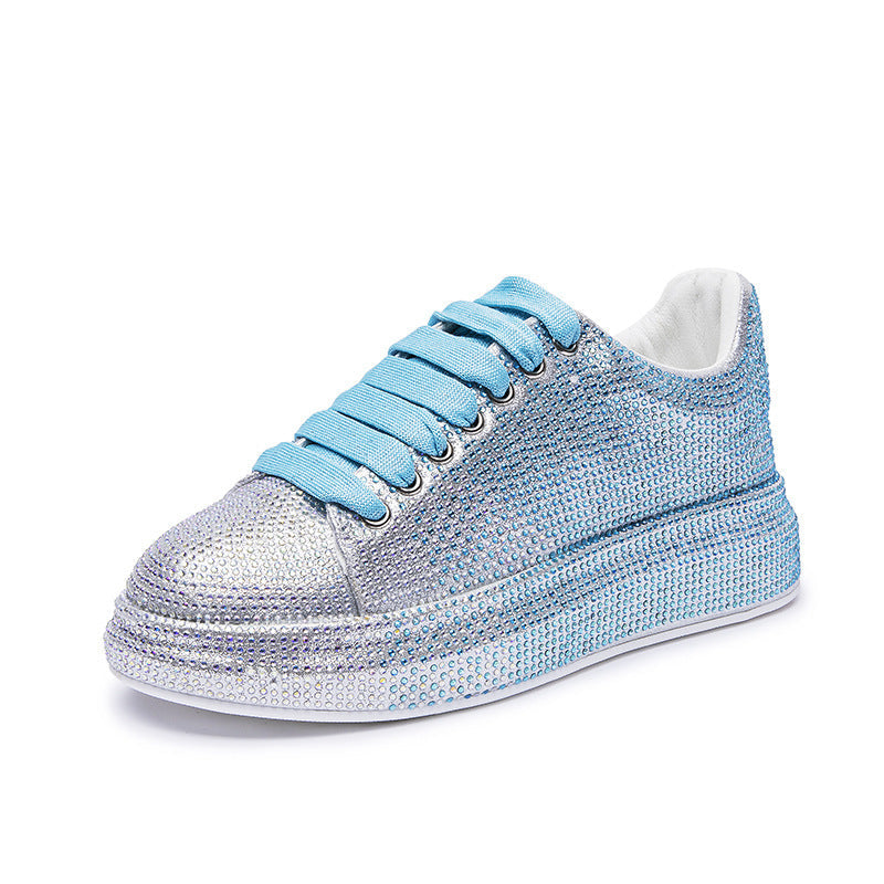 Women's Rhinestone-Embellished Sports Shoes - Waterproof White Wedge Sneakers (4-6cm Heel, Microfiber Leather)