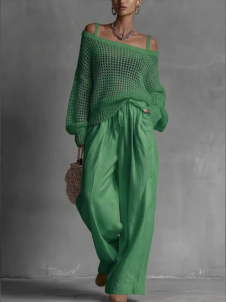 Women's Hollow-Out Knitted Top & Linen Pants Two-Piece Set