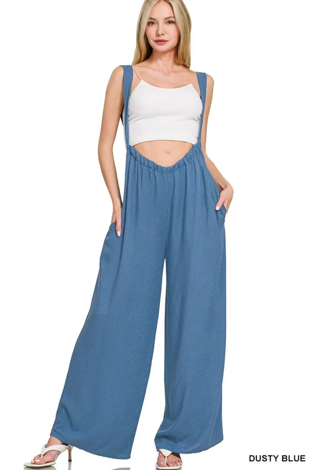 Zenana Woven Tie Back Suspender Jumpsuit