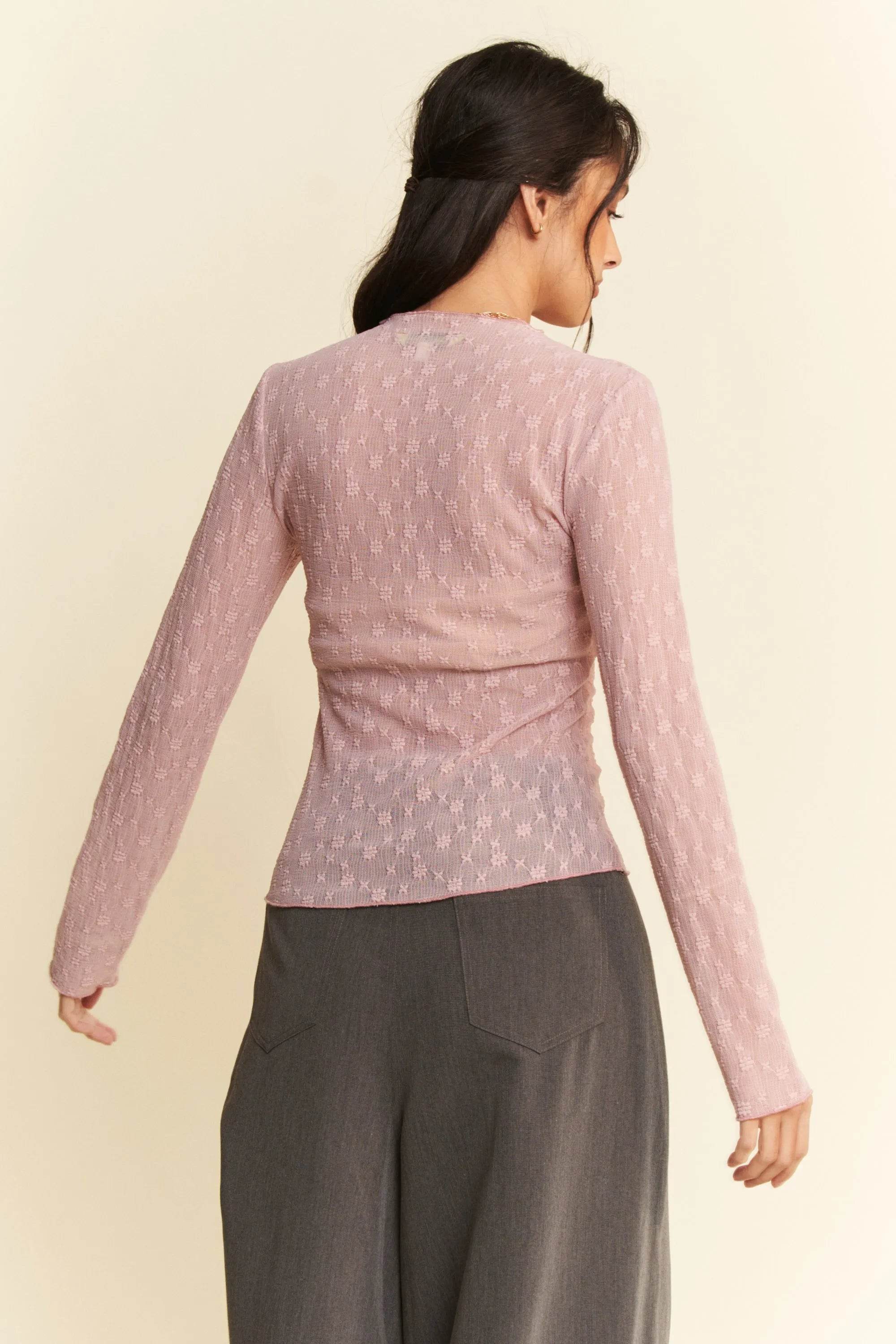 Davi & Dani Long Sleeve Sheer Small Embroidered Bows Lace Top