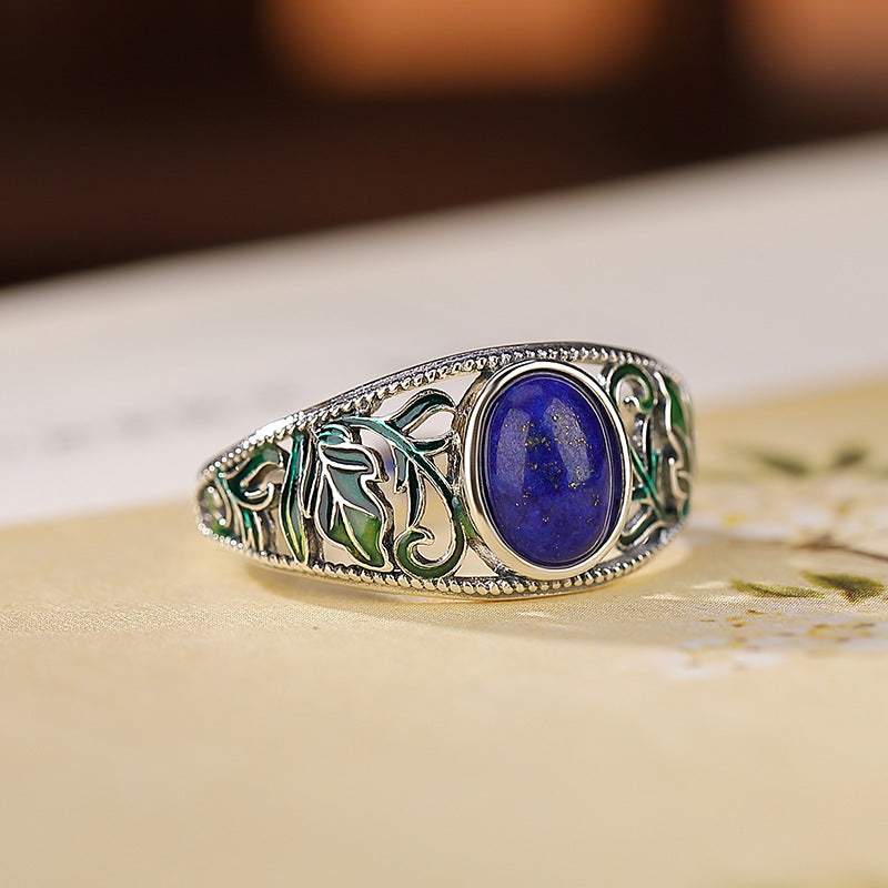 Sterling Silver Lapis Lazuli Hollow Enamel Leaf Ring