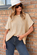 Apricot Short Sleeve Side Slit Oversized Sweater
