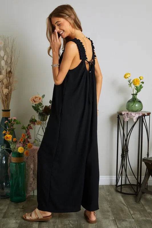 ADORA Full Size Elastic Ruffle Shoulder Jumpsuit Plus Size