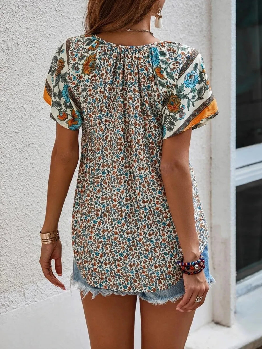Printed Tie Neck Short Sleeve Blouse – Feminine Everyday Style