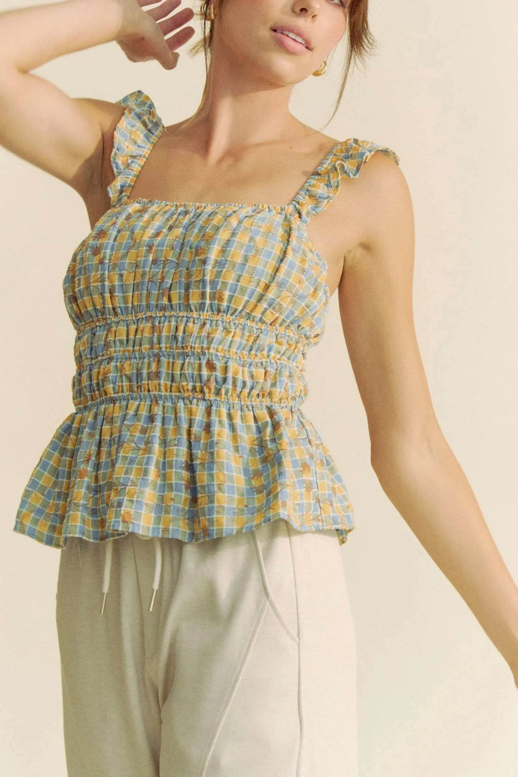 Davi & Dani Plaid Ruffled Strap Smocked Sleeveless Top