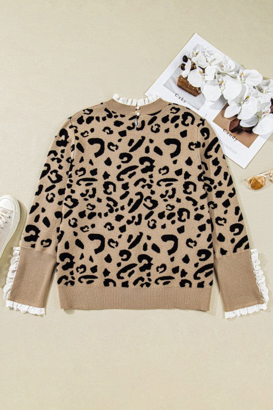 Plus Size Leopard Knit Lacy Trim Long Sleeve Sweat