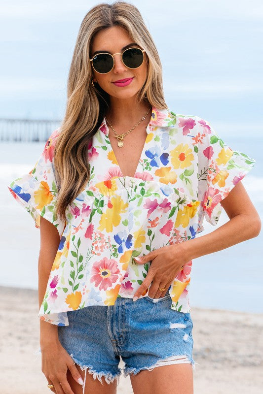 Liberty Floral Boxy Fit Ruffled Short Sleeve V Nec