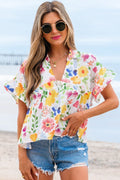 Liberty Floral Boxy Fit Ruffled Short Sleeve V Nec