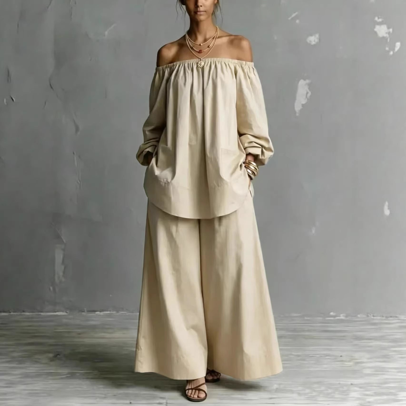 Off-Shoulder Cotton-Linen Wide-Leg Pants Set – 6 Colors, S–5XL