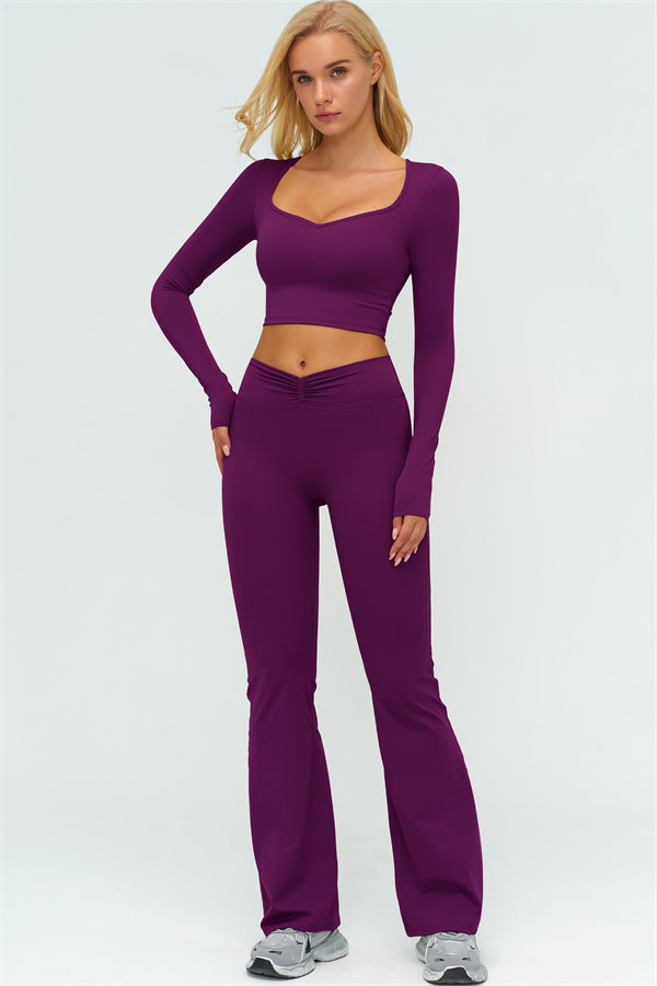 The Lushness Long Sleeve Crop Top Flared Leggings 2-Piece Set