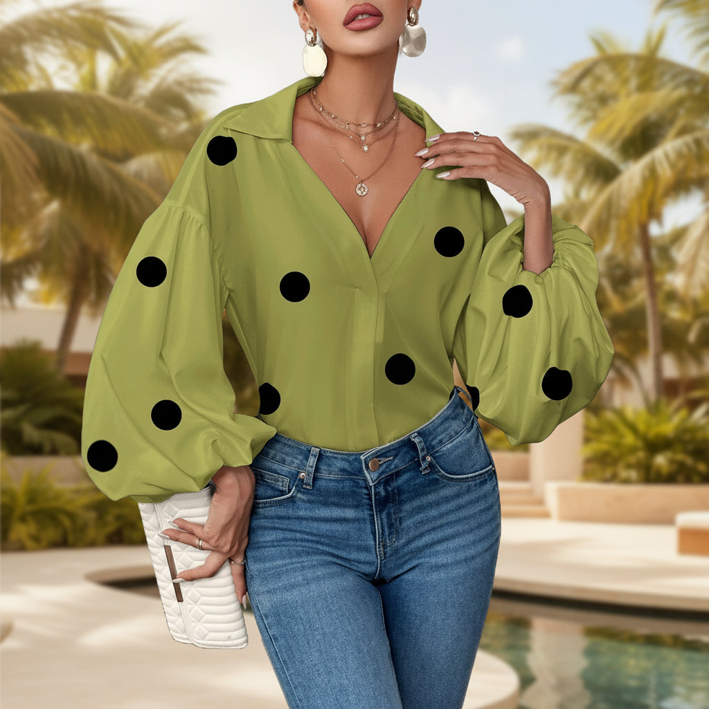 Polka Dot Loose Bubble Sleeve Top – Half-Open Neck Long Sleeve