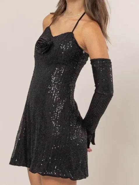 HYFVE Sequin Rosette Halter Mini Dress