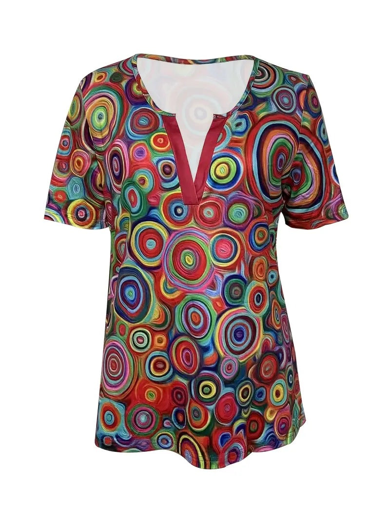 V-neck Red Candy Print Short Sleeve T-shirt Loose Casual Top For Summer