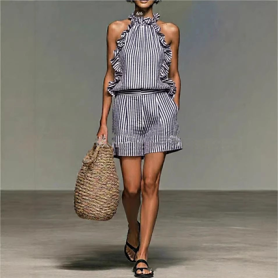 Women's Striped Stand Collar Sleeveless Top & Shorts Set