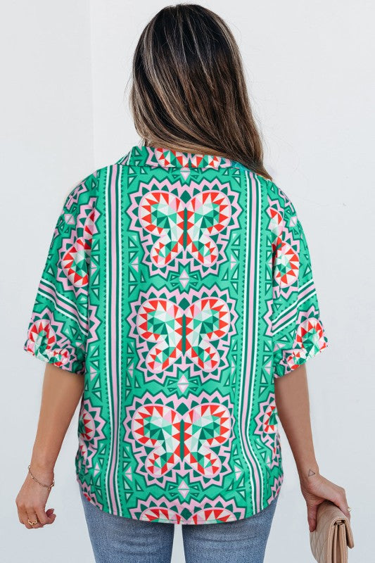 Kamiyah Boho Abstract Striped Collared V Neck Blou