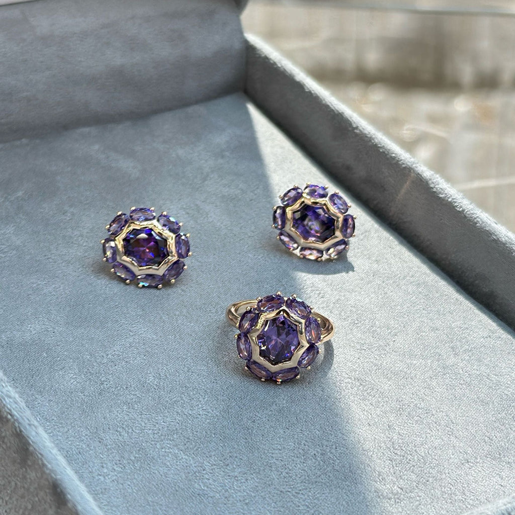 Gulkina Purple Gold Ring Earrings Necklace Amethyst Ornament Suit
