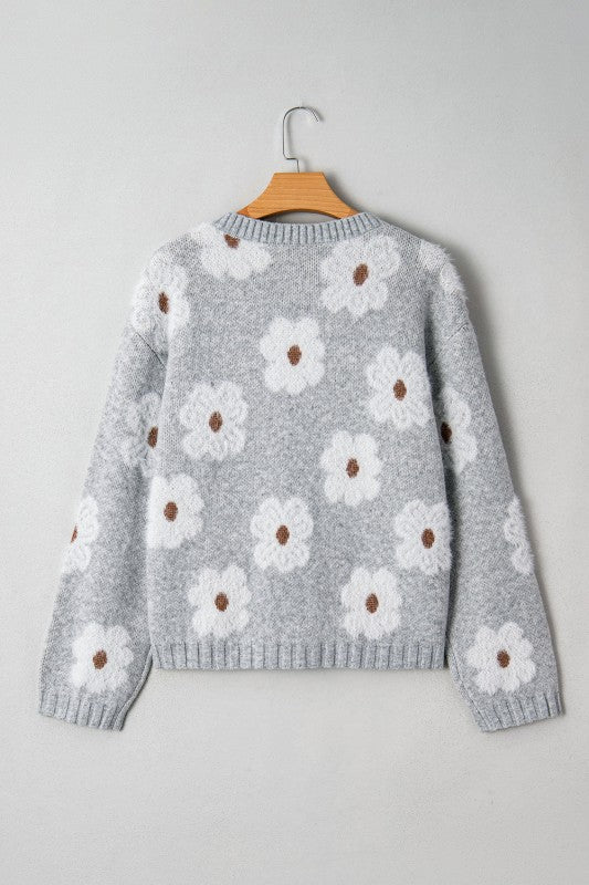 Floral V-Neck Drop Shoulder Baggy Sweater