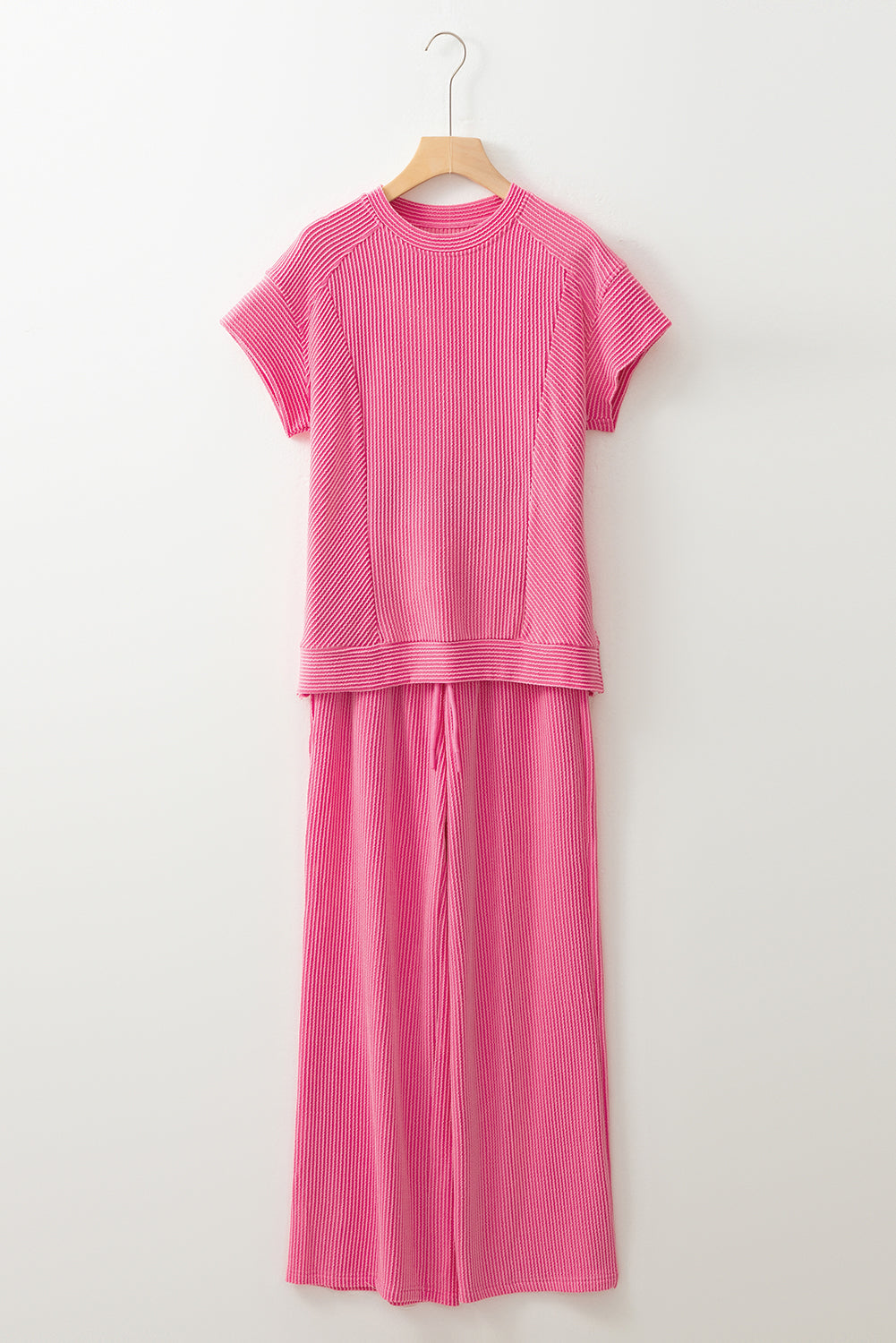 Luxury Solid Corded Short Sleeve T Shirt And Wide Leg Pants Set