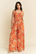 Davi & Dani Floral Ruffle Square Neck Smocking Bodice Jumpsuit