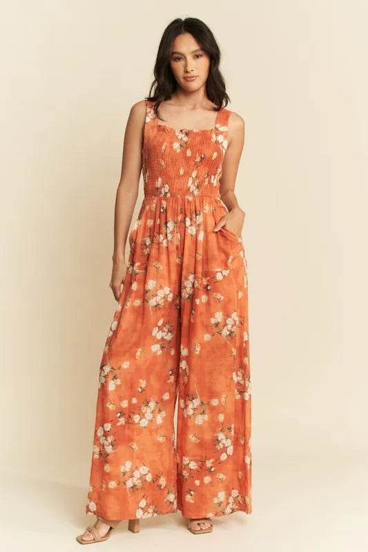 Davi & Dani Floral Ruffle Square Neck Smocking Bodice Jumpsuit