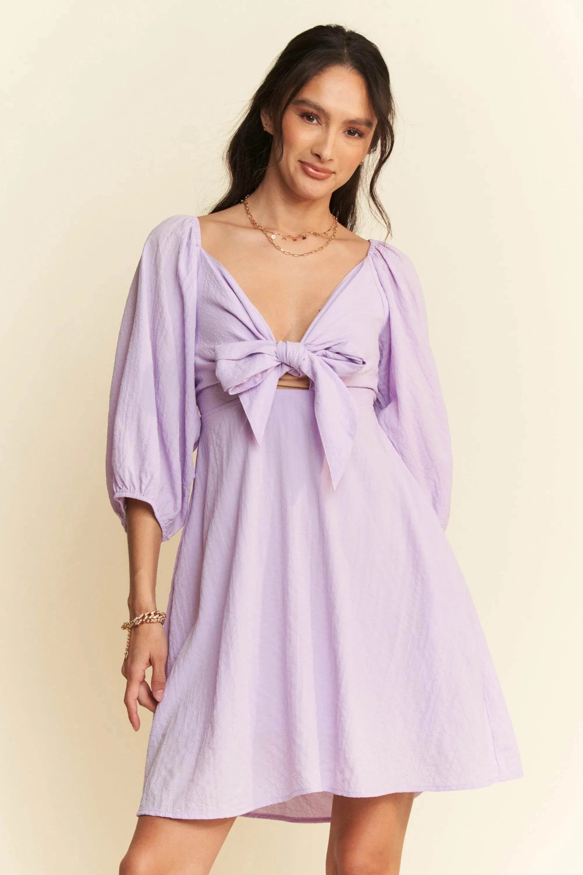Davi & Dani Self-Tie Puff Sleeve Smocking Open Back Mini Dress