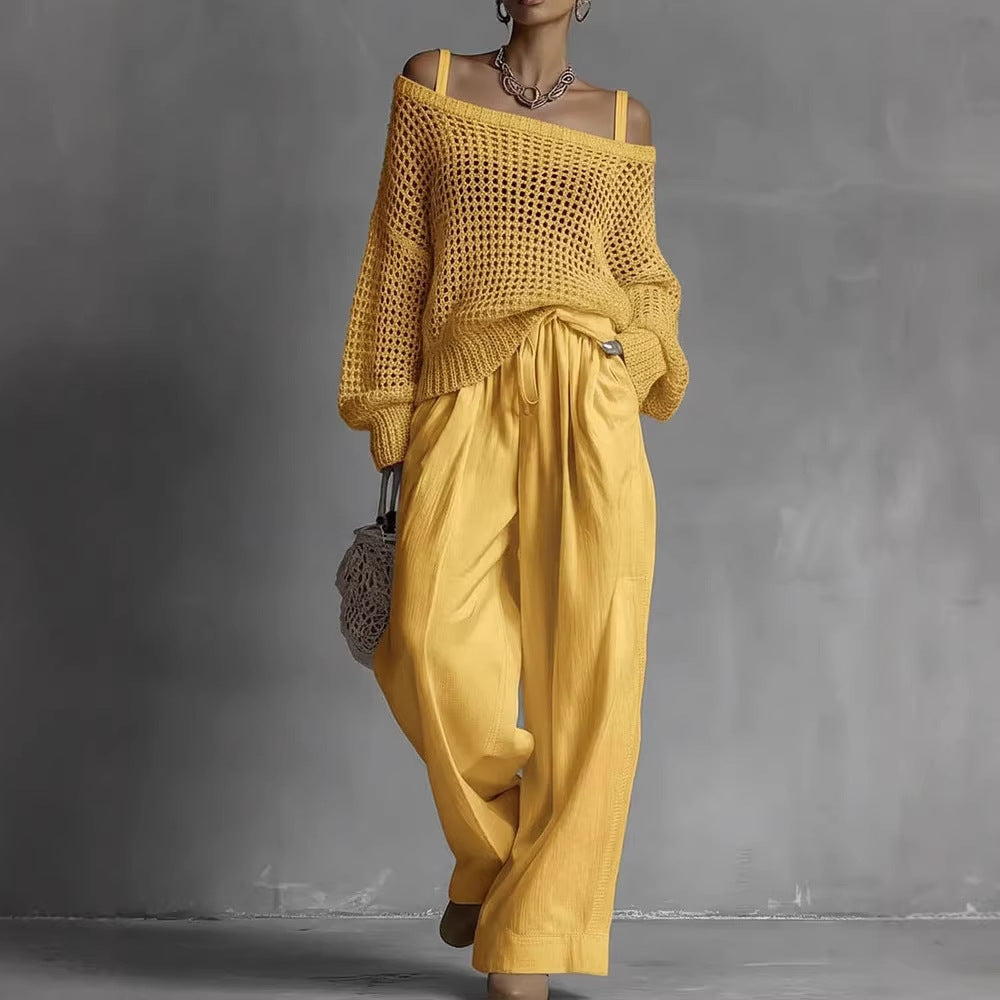 Women's Hollow-Out Knitted Top & Linen Pants Two-Piece Set
