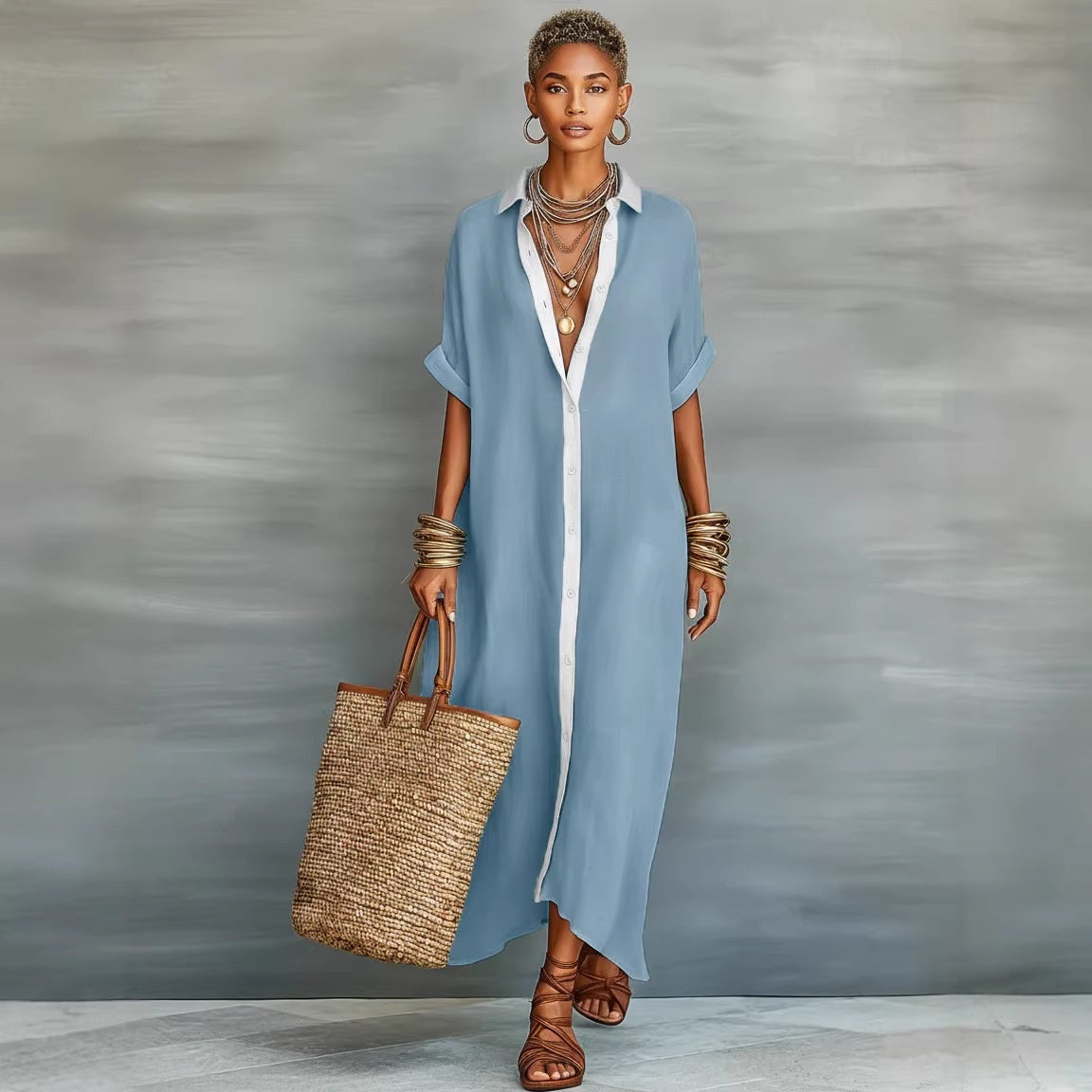 Color-Block Shirt Maxi Dress – Women's Loose Button-Front Long Dress with Contrast Collar