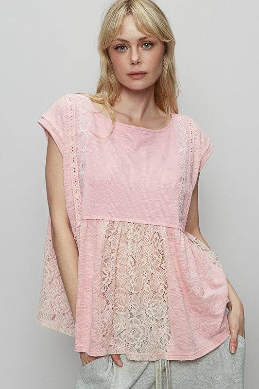 POL Embroidered Detail Boat Neck Cap Sleeve Lace Blouse