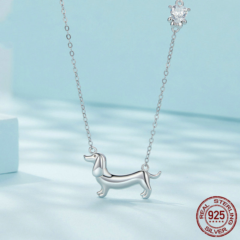 Sterling Silver Ornament S925 White Gold Plated Cute Sausage Dog Necklace