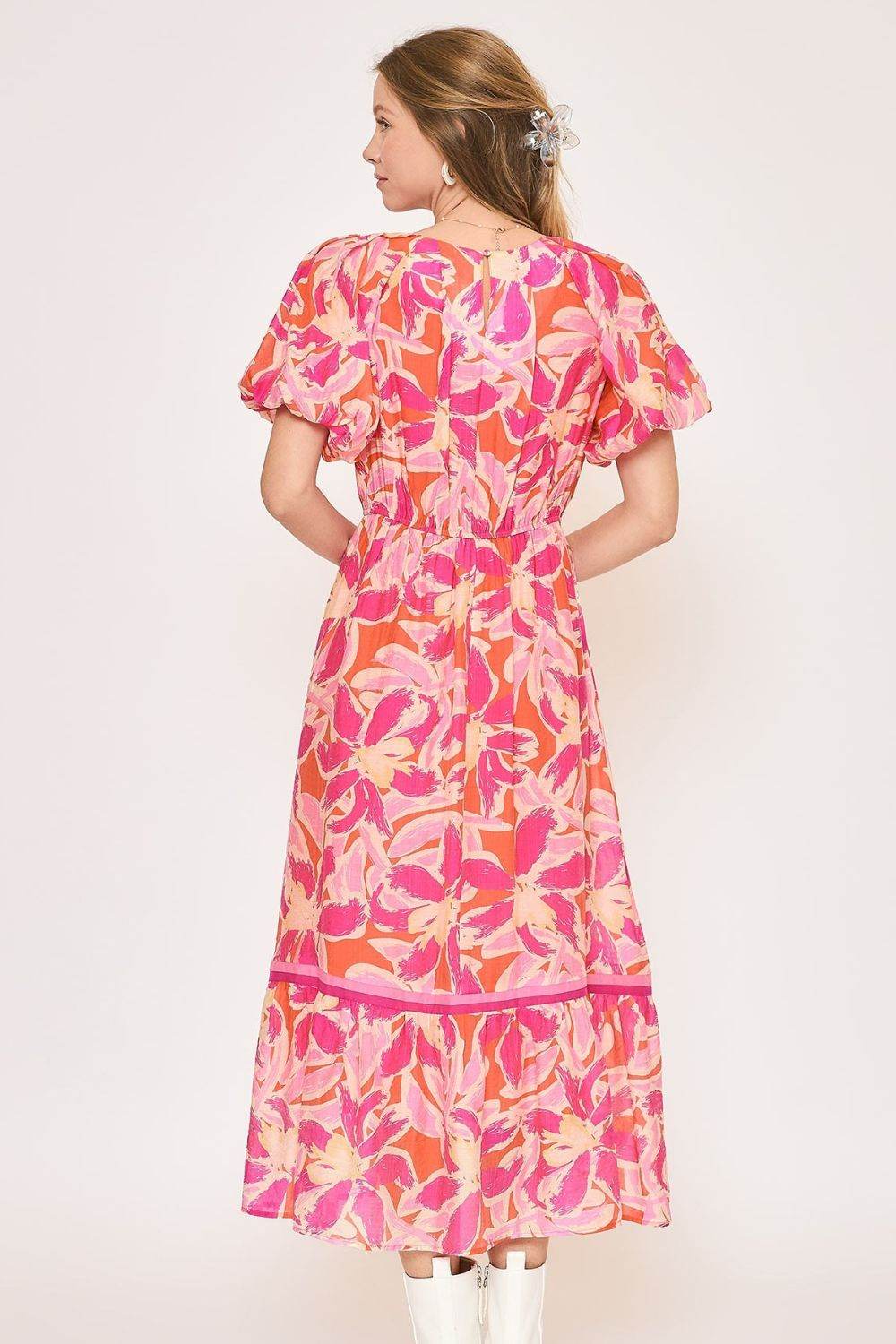 Umgee Floral Notched Puff Sleeve Midi Dress
