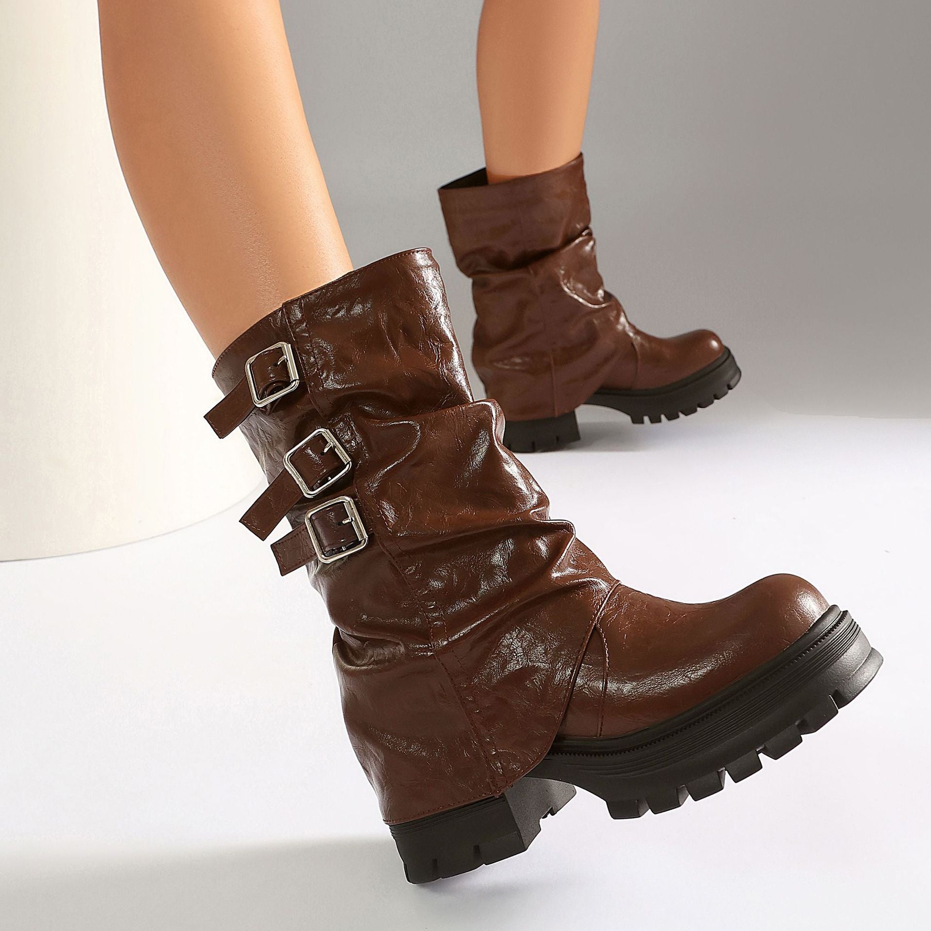 Women's Punk Slouchy Triple Buckle Mid-Calf Boots – Crinkled PU Platform