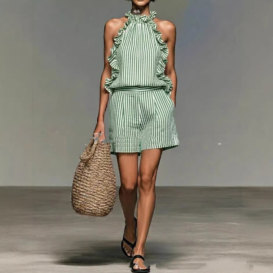 Women's Striped Stand Collar Sleeveless Top & Shorts Set