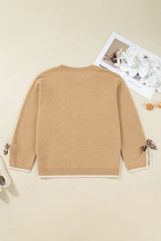 Plus Size Leopard Bow Split Cuff Sweater
