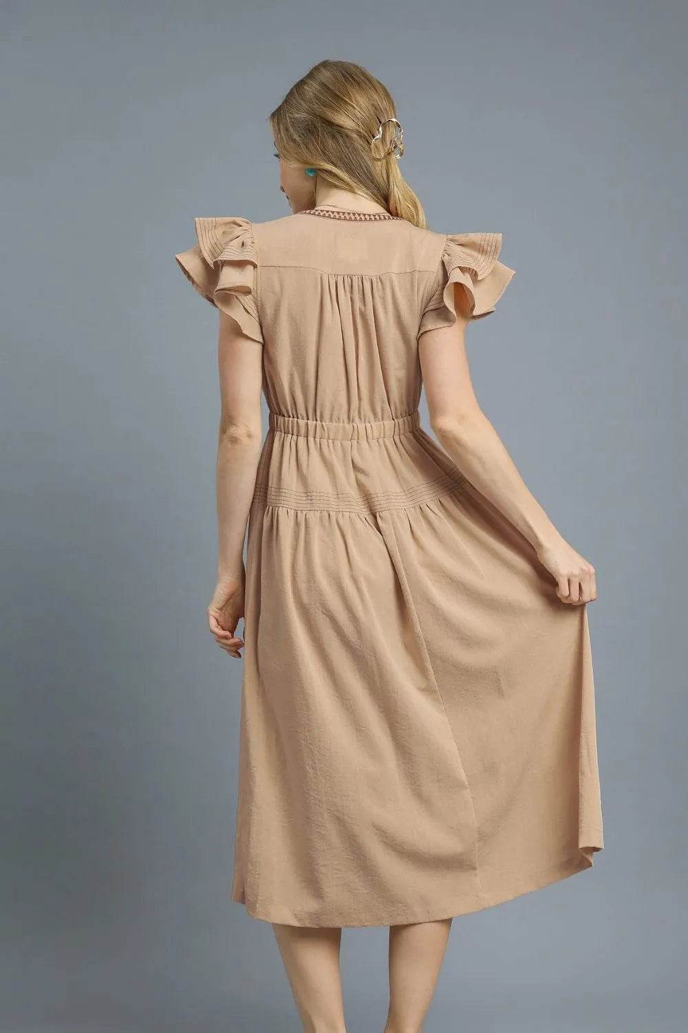 Umgee Ruffled Cap Sleeve Midi Dress with Contrast Trim Detail