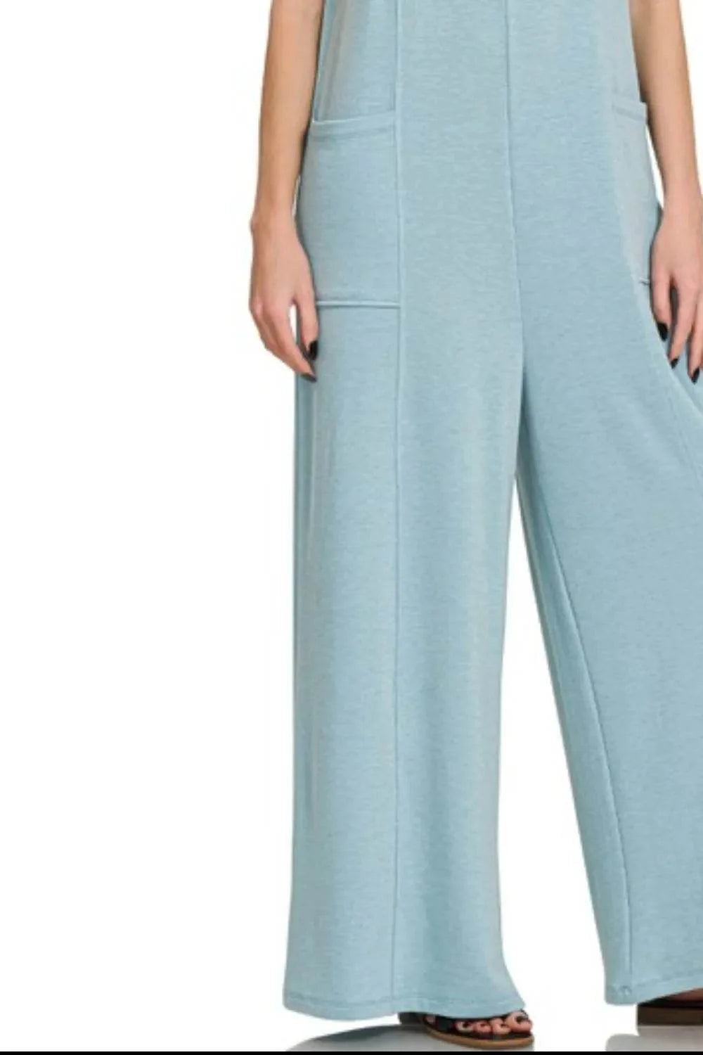Zenana French Terry Deep V Neck Jumpsuits